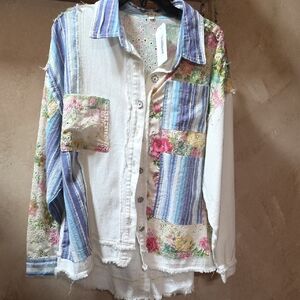 POL Patchwork Floral & Stripe Button-Up Jacket in Cream and Blue